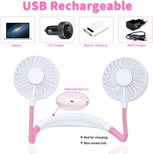 Hanging Neck Fan,Personal Wearable Neckband Sport Fan - 3 Speed 7 Color Light 2000mAh USB Rechargeable Battery, for Camping Traveling Office (Pink)