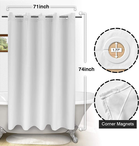 Fabric Shower Curtain No Hooks Needed - TPU Lining & No Liner Required, Hotel Shower Curtain for Bathroom with Built-in Hooks & Bottom Magnets, Waterproof, White, 71x74