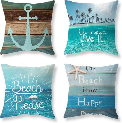 Pack of 4 Decorative Throw Pillow Covers 18x18 Inch Blue Ocean Theme Pillowcases Square Outdoor Cushion Cover Wood Grain Sea Anchor Printing Pillows Covers Home Decor Sofa Car Bedroom Pillow Cover
