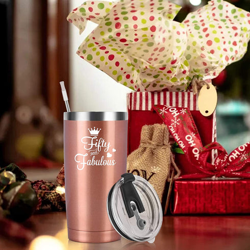 Cpskup 50th Birthday Gifts for Women, Fifty Fabulous Stainless Steel Insulated Travel Tumbler with Lids, Funny Christmas Birthday Gifts for Women Mom Grandma Sister Friends Coworkers(20oz, Rose Gold)