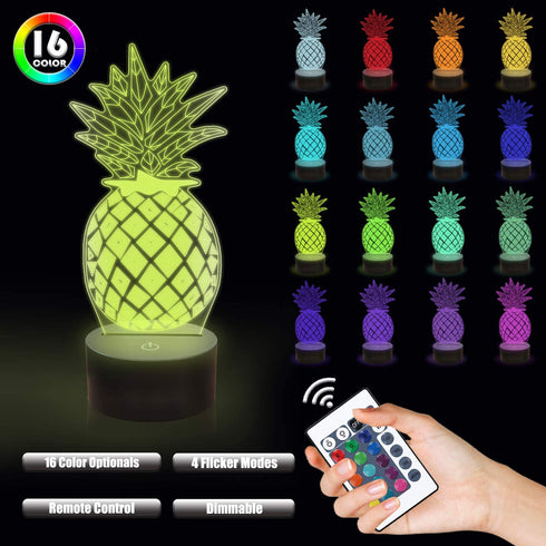 Lampeez Pineapple 3D Night Light with Remote Control, 16 Colors Chaning 4 Flashing Mode, Birthday Xmas Valentine's Day Gift Idea for Boys Girls