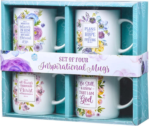 Christian Art Gifts Ceramic Coffee/Tea Mug Set for Women | Inspirational Watercolor Flowers Design Bible Verse Mug Set | Boxed Set/4 Coffee Cups