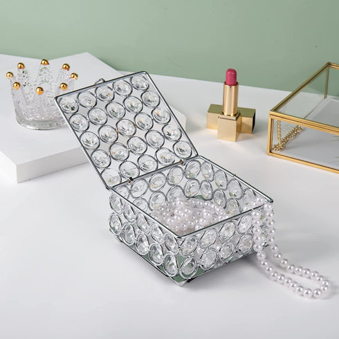 Feyarl Crystal Jewelry Trinket Box Earrings Rings Treasure Organizer Storage Keepsake Box with lid for Dresser Room Bedroom Decoration