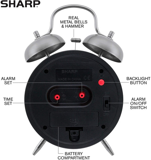 Sharp Twin Bell Alarm Clock - Loud Alarm - Great for Heavy Sleepers - Battery Operated Quartz Analog ¦ (Brushed Silver)