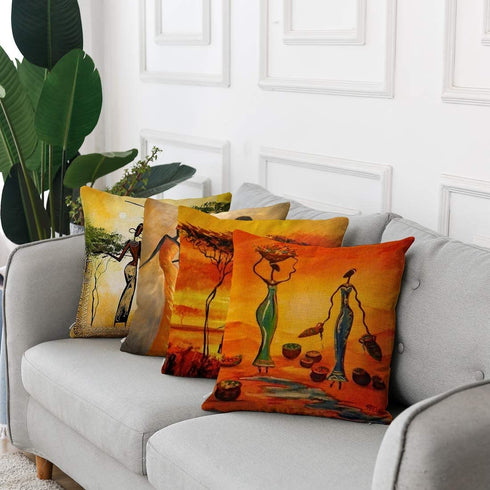 Artsocket Set of 4 Linen Throw Pillow Covers Oil Painting African Women Decorative Pillow Cases Home Decor Square 18x18 inches Pillowcases