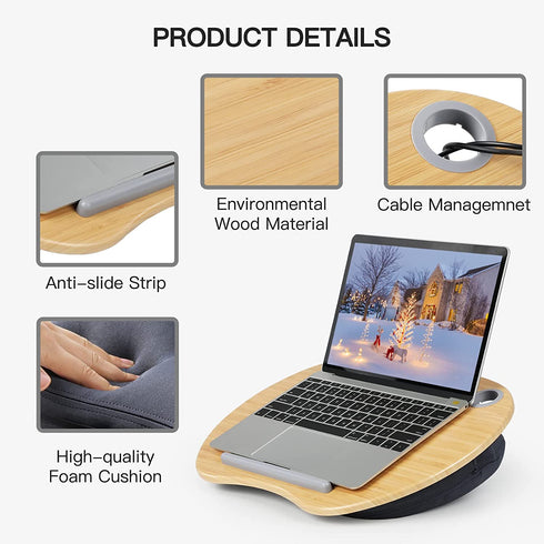 HUANUO Lap Desk - Fits up to 14 inch Slim Laptop, Laptop Stand with Pillow Cushion & Bamboo Grain Platform on Bed & Sofa, with Cable Hole & Anti-Slip Strip