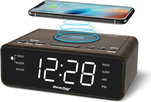 REACHER Alarm Clock Radio with Wireless Charging & USB Charger, Large LED Dimmable Display, 2 Wake Up Sounds, Adjustable Volume, FM Radio, Sleep Timer, Battery Backup for Bedroom, Office (Wood Grain)