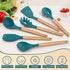 Kitchen Utensils Set of 6, E-far Silicone Cooking Utensils with Wooden Handle, Non-stick Cookware Friendly, Includes Spatula/Ladle/Slotted Turner/Serving Spoon/Spaghetti Server(Teal Blue)