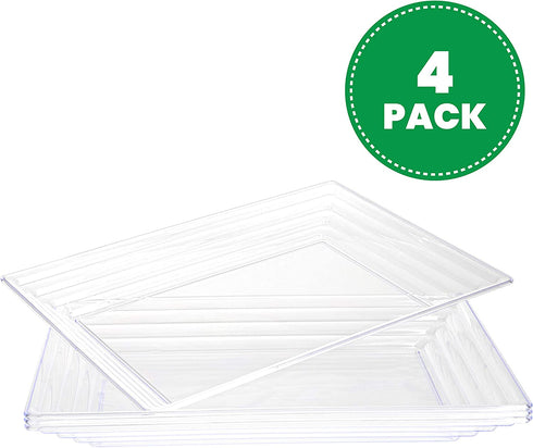 Plasticpro Plastic Serving Trays - Serving Platters Rectangle 11X16 Disposable Party Dish Crystal Clear, Elegant Leveled Border, Pack of 4