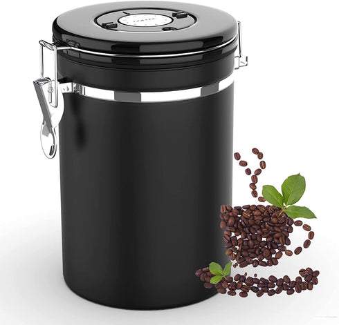 Miscedence Coffee canister for ground coffee with Date Tracker,One Way Co2 Valve #304 Stainless Steel Kitchen Food Airtight storage container for Coffee Beans or Grounds, Tea, Sugar (Black, 22 OZ)