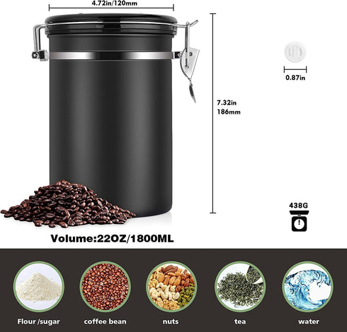 Miscedence Coffee canister for ground coffee with Date Tracker,One Way Co2 Valve #304 Stainless Steel Kitchen Food Airtight storage container for Coffee Beans or Grounds, Tea, Sugar (Black, 22 OZ)