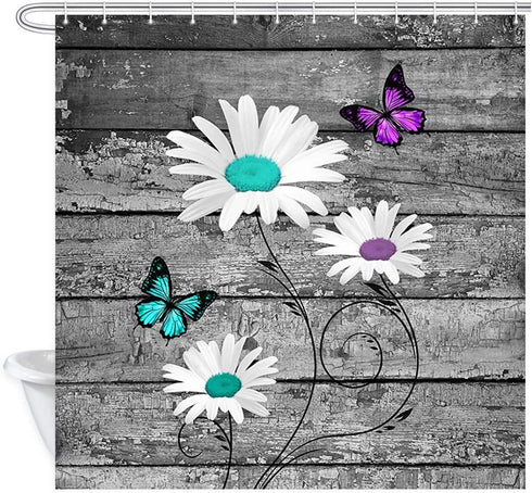 Rustic Farmhouse Fabric Shower Curtain Sets, Teal Butterfly Shower Curtains, White Farm Daisy Flowers on Country Grey Wooden Bathroom Curtain with12 Hooks, 69X70in