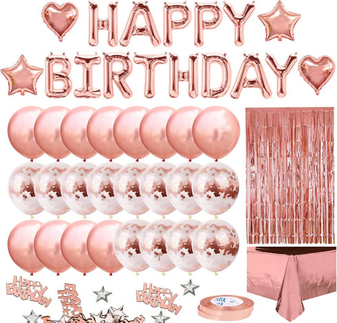MOVINPE Rose Gold Birthday Party Decoration, Happy Birthday Banner, Rose Gold Fringe Curtain, Foil Tablecloth, Heart Star Foil Confetti Balloons, 10g Table Confetti for Women Girl Birthday Party