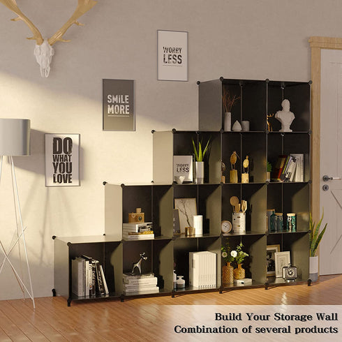 Homywish Cube Storage Organizer 6-Cube Closet Storage 11.8" Shelves with Wooden Hammer DIY Closet Cabinet Room Storage Bookshelf Plastic Square Organizer Shelving for Home, Office, Bedroom, Black