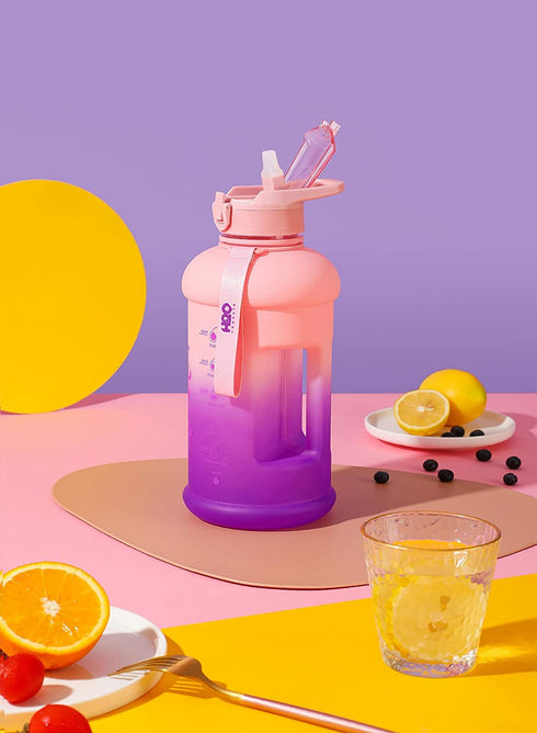 H2O Capsule INSPO Half Gallon Water Bottle with Time Marker and Straw Motivational Hydration Tracker Jug for Daily Intake Big BPA-Free FoodSafe Leakproof Drinking Bottle Handle & Strap, Purple Peach