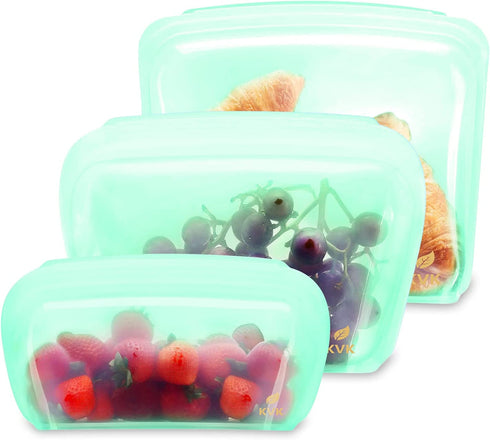 Reusable Freezer Bags and Container(Stand-Up Large, Middle, Small Size, Set 3), Silicone Food Storage Bags for Kids Snacks Veggies Fruits, Easy-Seal, Plastic-Free, Sous Vide, Aqua