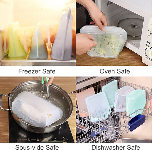 Reusable Freezer Bags and Container(Stand-Up Large, Middle, Small Size, Set 3), Silicone Food Storage Bags for Kids Snacks Veggies Fruits, Easy-Seal, Plastic-Free, Sous Vide, Aqua