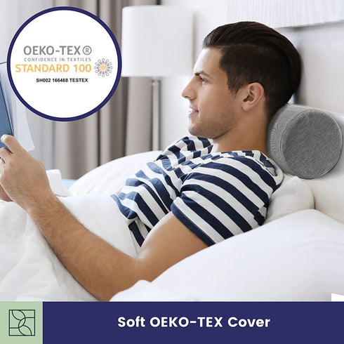 Neck Bolster Pillow Roll with Removable Washable Bamboo Oeko-TEX Cover - Ultra Comfortable with Memory Foam Core, Round Pillow for Lower Back, Knees, & Neck Support Cylinder Pillows, Grey