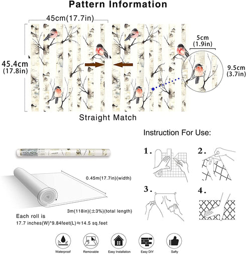 HaokHome 92075 Peel and Stick Forest Wallpaper Birch Tree Birds Mural White/Beige/Grey/Red Removable for Wall Decorations 17.7in x 118in
