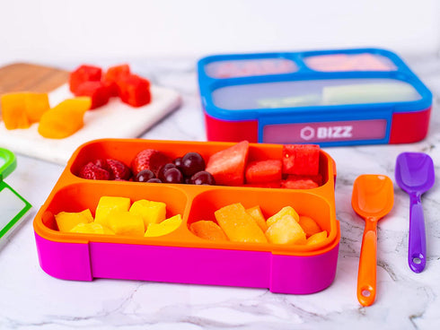 Bizz Lunch Box Containers Set (2-Pack) with Reusable Spoon, 37-oz Fun Innovative Bento Boxes Equipped with Removable Snap-On Lid Cover, Leakproof Meal Prep Lunchbox, Healty Eating, Food Grade BPA-Free