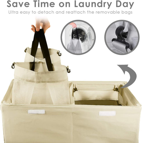 HOUSE AGAIN Double Laundry Hamper with Lid and Removable Laundry Bags, 160L, 2 Section Clothes Hamper with Handles for Bedroom, Bathroom, Laundry Sorting, Large Seperated Clothes Basket (Beige)