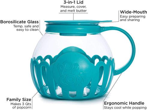 Ecolution Patented Microwave Micro-Pop Popcorn Popper, Borosilicate Glass, 3-in-1 Lid, Dishwasher Safe, BPA Free, 3 Quart Family Size, Teal