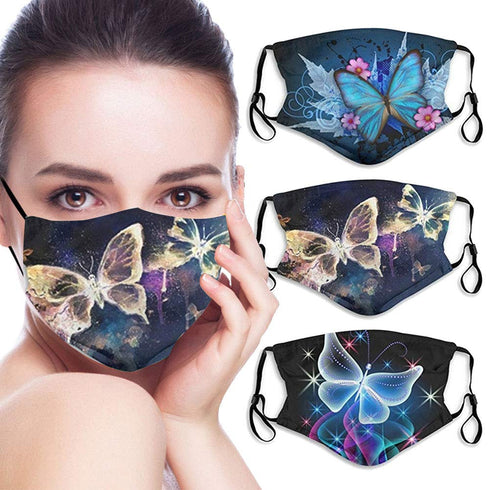 3 Pcs Butterfly Face_Mask for Women Man Colorful Butterfly Clover Mouth Protective Reusable Washable Designer Cloth Adjustable Cute Funny Gift for Women Men