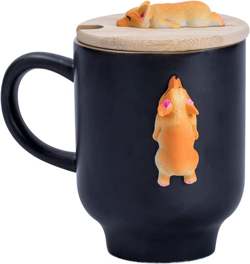 Matte Black Corgi Mug with Original Bamboo Lid,Handcrafted Corgi Gifts for Corgi Lovers Cute Coffee Mug Tea Cup Perfect Novelty Gifts Mug(14oz)(Black, Corgi)