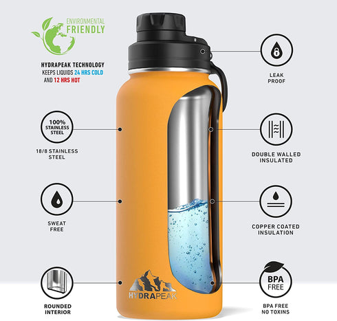 Hydrapeak 32 oz Insulated Water Bottle with Chug Lid - Reusable Leak Proof Stainless Steel Water Bottles, Double Wall Vacuum Insulation | 24 Hours Cold and 12 Hours Hot (Mango)