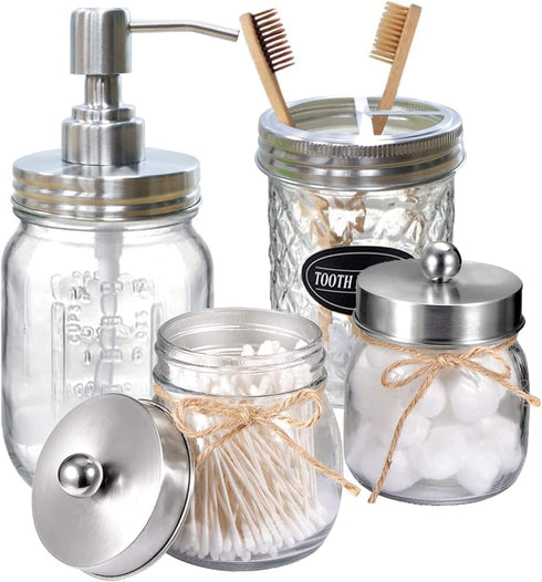 CERBIOR Mason Jar Bathroom Accessories Set 4Pcs,Lotion Soap Dispenser &2 Apothecary Jars &Toothbrush Holder,Bathroom Home Decor Craft. Nickel