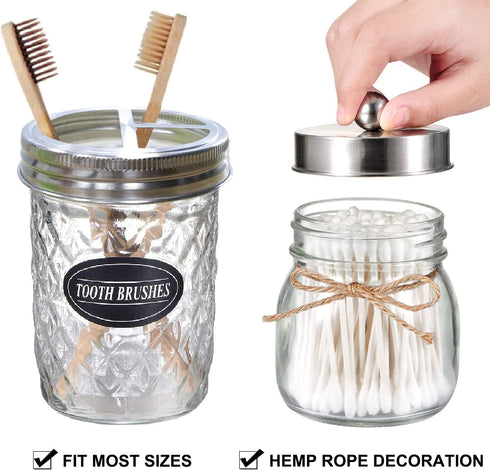 CERBIOR Mason Jar Bathroom Accessories Set 4Pcs,Lotion Soap Dispenser &2 Apothecary Jars &Toothbrush Holder,Bathroom Home Decor Craft. Nickel