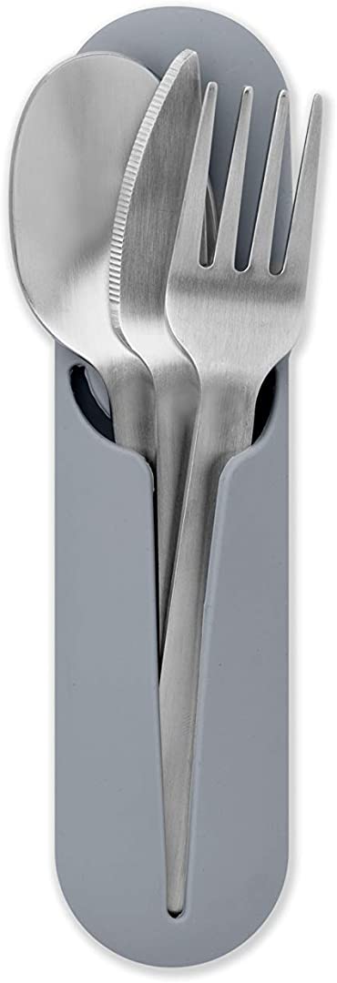 W&P Porter Stainless Steel Utensils with Silicone Carrying Case | Slate | Spoon, Fork & Knife for Meals on the Go | Portable and Compact Set