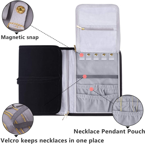 Teamoy Velvet Travel Jewelry Roll, Jewelry Storage Bag Organizer for Necklaces, Earrings, Bracelets, Rings, Brooches and More, Compact and Easy to Carry (Large, Velvet- Black)
