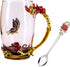 Tea Cup, Mother's Day Gifts, Coffee Mug, Clear Glass Cups with Spoon Set, Handmade Butterfly, Unique Rose Flower Enamel Design, Birthday Decoration Wedding Gift Ideas (Red Tall)