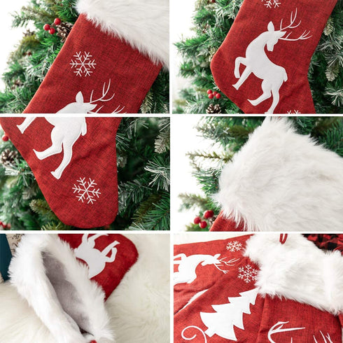 NIGHT-GRING Christmas Stockings, 4 Pcs 20" Big Xmas Stockings, Burlap Style Snowflake,Christmas Tree and elk and Plush Faux Fur Cuff Stockings, for Family Holiday Xmas Party Decorations (White-Fluff)