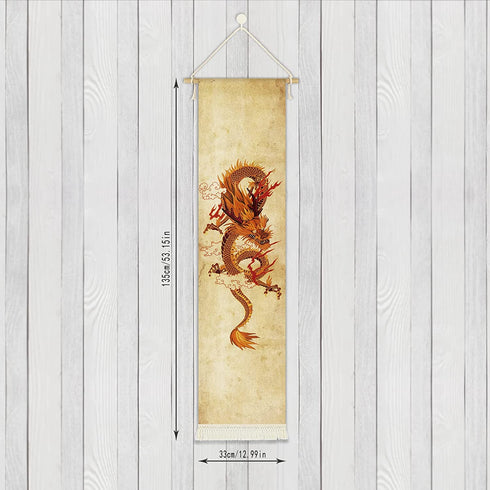 Hanging Poster Canvas Wall Art Paintings of Chinese Dragon Tapestry Asian Traditional Chinese Soaring Dragon Golden Dragon Totem Wall Tapestry Wall Decor For Room (13''x 56''/33x142cm)