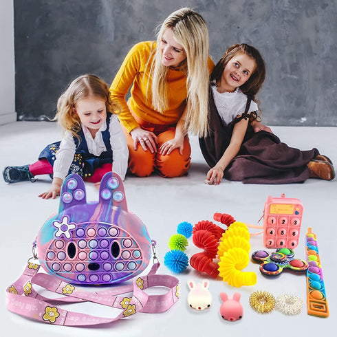 Exun Pop Crossbody Purse Bags Fidget Toy Pack, Push It Bubble Popper Sensory Easter Basket Stuffers Bunny Shoulder Bag for Girls Kids, Figetget Toys for Party Favors, Classroom Prizes, Birthday Gift