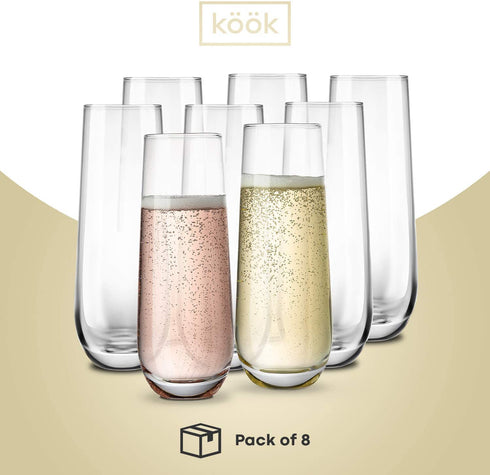 Stemless Champagne Flutes, by Kook, Durable Glass, Mimosa, Cocktail Glasses Set, Prosecco Wine Flute, Water Glasses, Highball Glass, Bar Glassware, Toasting Wedding Glasses, Set of 8, 10.5oz