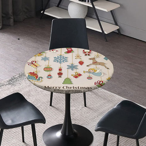 SongYi Christmas Tablecloth, Waterproof Fitted Round Tablecloth, Happy New Year Sticker Label Decorations Modern Style, Elastic Edged Table Cloth Cover, Fit for 28 inches -32 inches Round Table