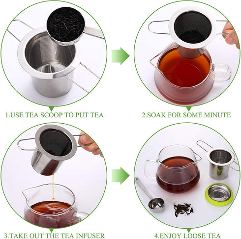 2 Pieces Tea Infusers with Tea Scoop Stainless Steel Tea Strainer Folding Handle Tea Filter Fine Mesh Strainer Brewing Basket with Silicone Lid for Loose Leaf Tea