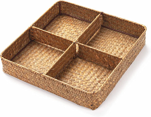Woven Seagrass Storage Basket with 4 Divided Sections, Wicker Basket Bin Organizer Divider for Drawer / Closet / Shelf / Dresser