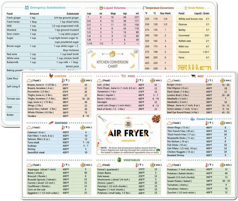 2 Pack Magnetic Cheat Sheets Cookbook Cooker Compatible with Air Fryer Cooking Times Quick Reference Guide Air Fryer Accessories 6''x11''