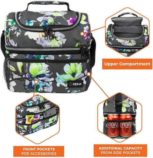 opux Insulated Dual Compartment Lunch Bag for Women, Ladies | Double Deck Reusable Lunch Box Cooler with Shoulder Strap, Leakproof Liner | Medium Lunch Pail for School, Work, Office (Floral Grey)