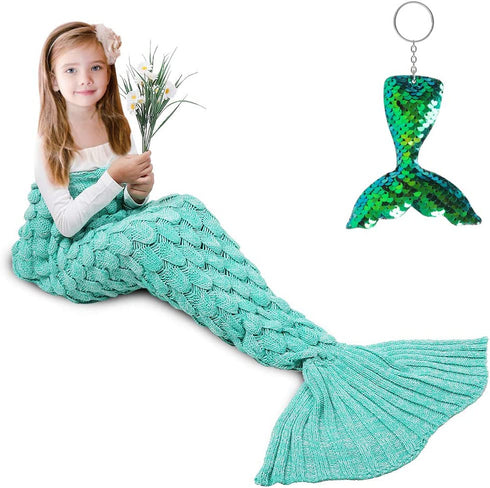 AmyHomie Mermaid Tail Blanket, Soft Crochet Sleeping Bag Blanket for Kids Adults, Mermaid Gift for Girls(ScaleMint,Kids)