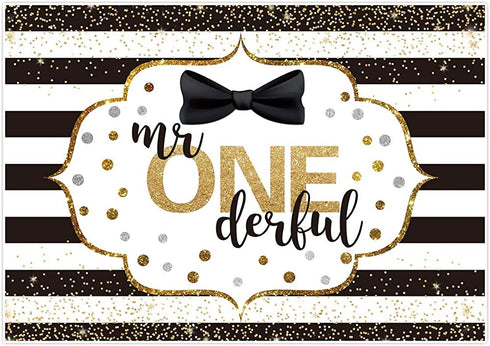 Allenjoy Mr Onederful Happy 1st Birthday Backdrop Gold Glitter Dot Black White Stripe Bow Tie Little Man First Bday Party Cake Table Decoration Banner Background 7x5ft Photo Shoot Booth Props Banner