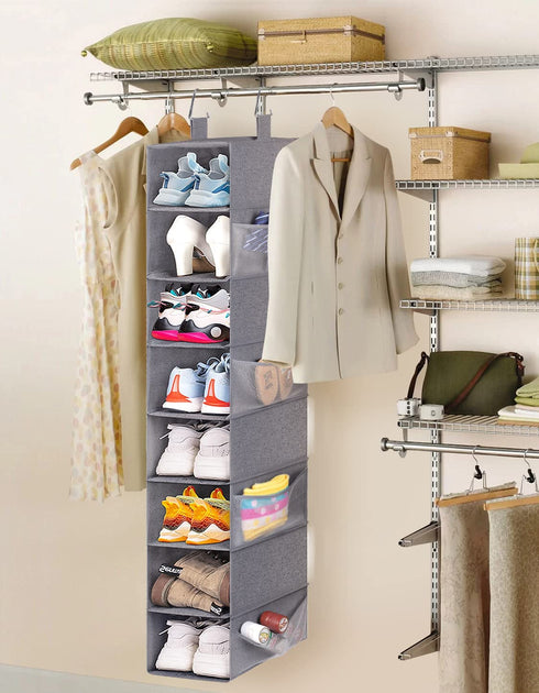 KIMBORA 8-Shelf Hanging Shoe Organizer with 8 Side Mesh Pockets Hanging Shoe Rack for Closet Shoe Holder, Grey