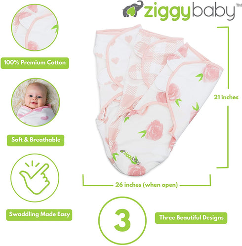 Ziggy Baby Baby Swaddle Blanket Wrap Set 3 Pack- Pink Peony, Pink Heart, Pink Buffalo Plaid - Newborn Swaddle, Baby Swaddles 0-3 Months, Baby Girl Swaddle, Swaddle Blankets, Swaddle Blankets Baby Girl