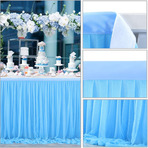Tulle Blue Table Skirt 6FT Tulle Tablecloth Wrinkle Free Tutu Table Skirts for Birthday Party Baby Shower Wedding Bridal Shower Home Decor