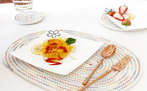 Oval Woven Placemats Set of 4, Cotton Rope Weave Placemats with 4 Pack Round Fabric Coasters Heat-Resistant Non Slip Plait Table Mats Rustic Placemats for Kitchen Table (Rainbow)