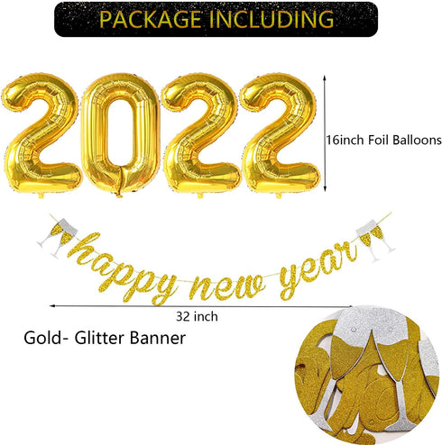 ORDA New Years Eve Party Supplies 2022, 47PCS Happy New Year Decorations Including Gold-Glitter Happy New Year Banner, 2022 Gold Foil Number Balloons, Black and Gold Confetti Balloons, Star Balloons, 4D Balloons